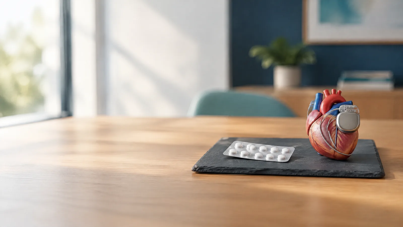 Koyu arduvaz tabla üzerinde bir yanda etiketsiz tablet blisteri, bir yanda anatomik kalp modeli