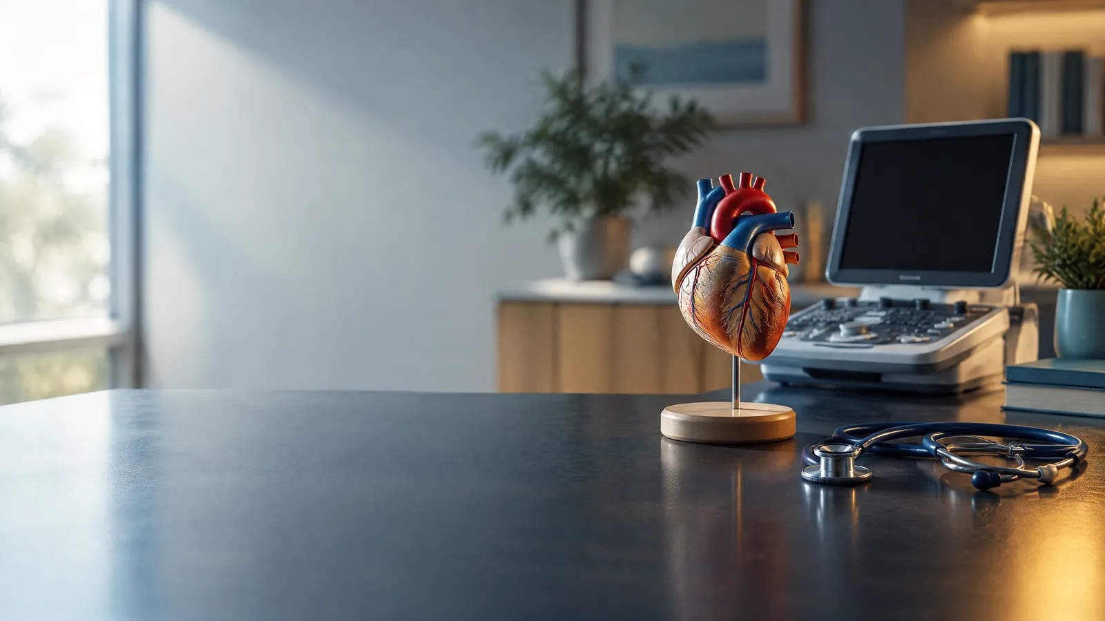Koyu masada stand üzerinde anatomik kalp modeli, arkasında ultrason cihazı ve steteskop