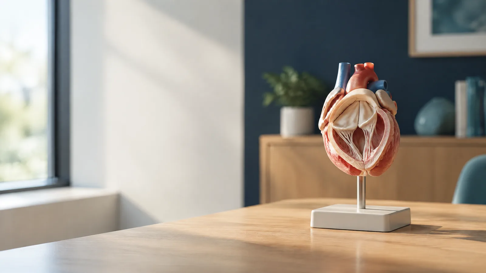 Ahşap masada stand üzerinde duran anatomik kalp kapağı kesit modeli